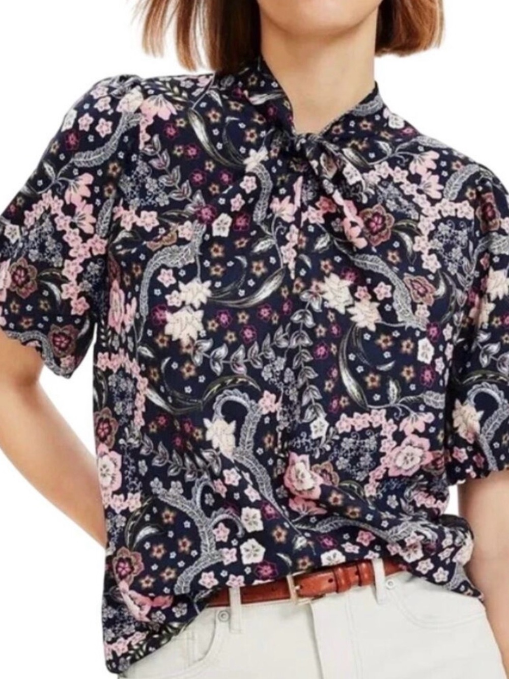 LOFT Navy and Pink Floral Tie-Neck Button Down Shirt Puff Sleeve Size XXL